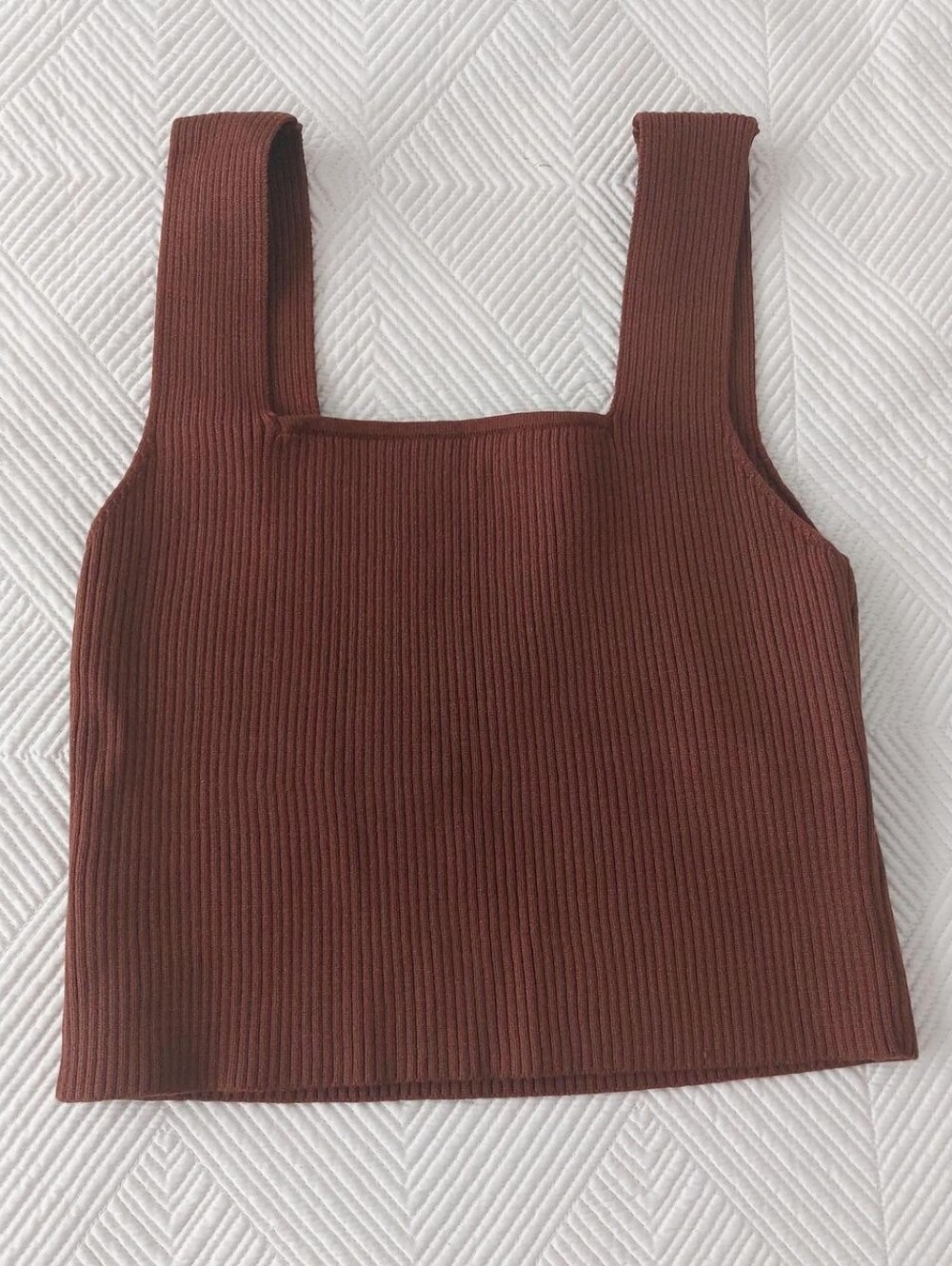 Brown Ribbed Square-Neck Crop Top